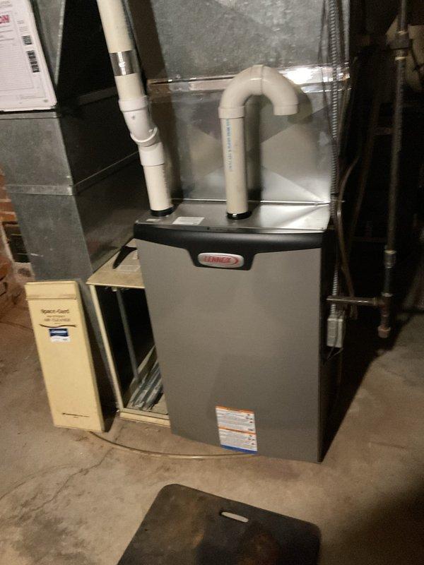 Performed cleaning and safety inspection on two gas furnaces, one on the first floor and one on the second floor, verifying proper operation of each unit. Measured manifold gas pressure on the upstairs furnace, found it slightly elevated, and adjusted it to specification. Completed cleaning and operational checks on both systems.