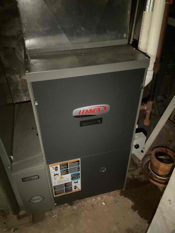 Performed a full tune-up on the Lennox gas furnace, including cleaning the unit and inspecting and testing its components and operation to confirm proper function. Replaced the air filter as requested. The system was left clean and operating normally.