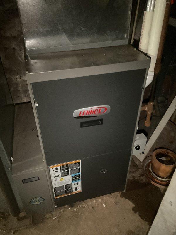 Performed a full tune-up on the Lennox gas furnace, including cleaning the unit and inspecting and testing its components and operation to confirm proper function. Replaced the air filter as requested. The system was left clean and operating normally.