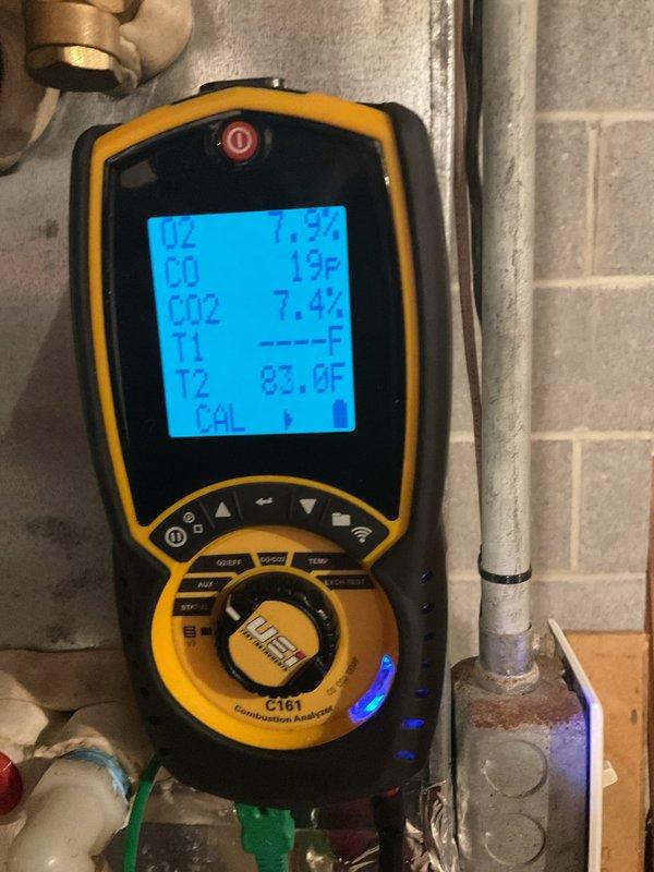 Performed seasonal maintenance on two gas-fired furnaces (2019 Lennox and 21-year-old Armstrong), including cleaning and a full operational inspection, and replaced the air filter as requested. Verified combustion performance with a calibrated combustion analyzer, recording CO at 19-20 ppm, CO2 at 7.4%, and O2 at 7.9%, all within acceptable operating range. Both units were left in good working condition.