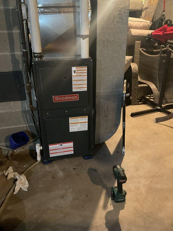 Responded to a no-heat call on a 2018 Goodman gas furnace and diagnosed a broken low-voltage wire on the thermostat side as the cause of the unit not calling for heat. Repaired the damaged wiring to restore thermostat-to-furnace control circuit continuity, and the system is now able to call for heat and deliver warm air.