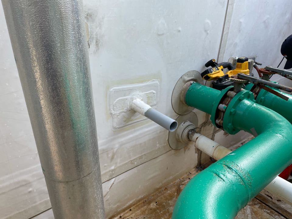 Cambridge, MA - Cleans and flashed one pvc pipe going through wall with 12” white elastoform, and lap sealed Cambridge, MA - Cleans and flashed one pvc pipe going through wall with 12” white elastoform, and lap sealed