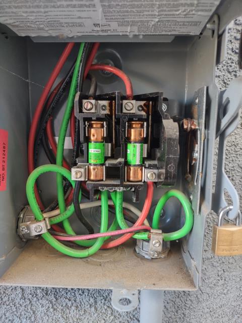 We were called out to a solar service in Murrieta, CA. The homeowner mentioned their solar system was not functioning. We conducted our diagnostic procedure and found the issue to be a wire that was was not properly insulated on the roof. This was causing the fuses int he disconnect to blow. Re-worked the connection and replaced the fuses restoring system functionality. We were called out to a solar service in Murrieta, CA. The homeowner mentioned their solar system was not functioning. We conducted our diagnostic procedure and found the issue to be a wire that was was not properly insulated on the roof. This was causing the fuses int he disconnect to blow. Re-worked the connection and replaced the fuses restoring system functionality.