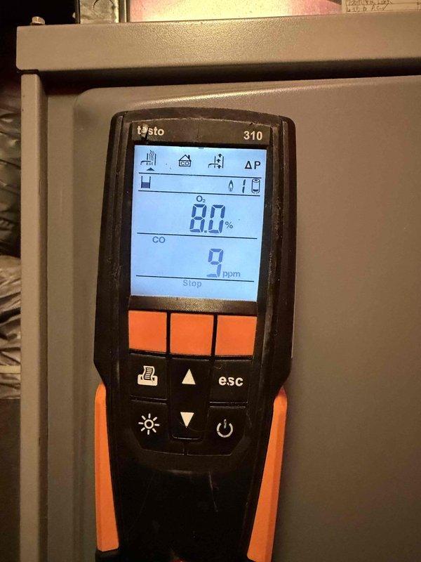 Performed routine maintenance on 12-year-old residential furnace. Conducted combustion analysis using Testo 310 analyzer, confirming proper oxygen levels at 8.0% and safe carbon monoxide readings of 9-14 ppm, indicating efficient operation within manufacturer specifications.
