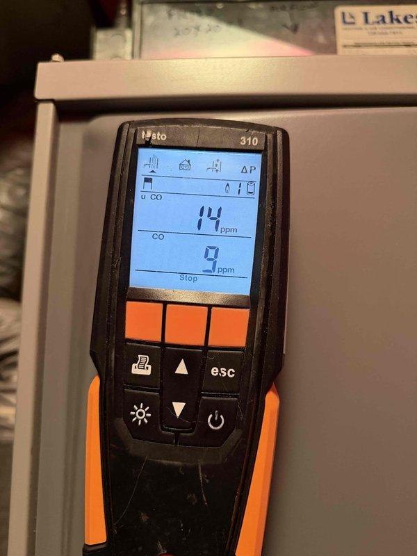 Performed routine maintenance on 12-year-old residential furnace. Conducted combustion analysis using Testo 310 analyzer, confirming proper oxygen levels at 8.0% and safe carbon monoxide readings of 9-14 ppm, indicating efficient operation within manufacturer specifications.