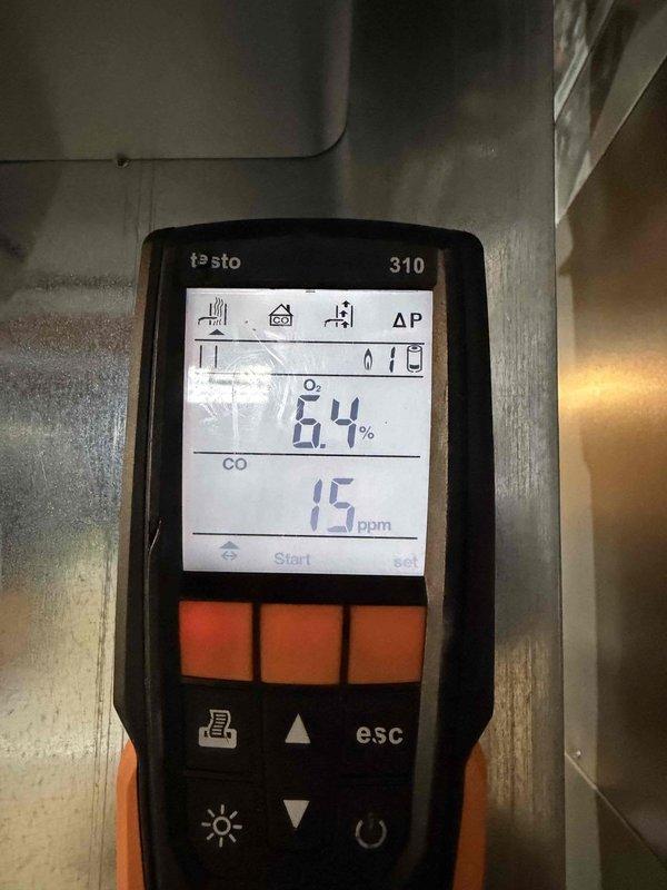 Performed routine residential heating maintenance and conducted comprehensive combustion analysis using Testo 310 analyzer. Readings showed proper oxygen levels at 6.4% and verified carbon monoxide levels at 15-21 ppm, which are within acceptable parameters. All system operations confirmed to be functioning within manufacturer specifications.