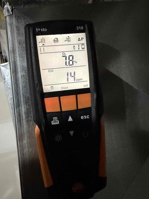 Performed routine preventive maintenance on residential heating system. Conducted combustion analysis using Testo 310, measuring O₂ levels at 7.8% and CO readings between 14-23 ppm, verifying proper combustion efficiency and safe operation parameters.