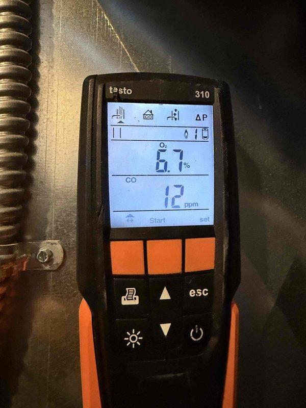 Performed annual heating maintenance service. Conducted combustion analysis using Testo 310 analyzer, confirming proper O₂ levels at 6.7% and safe CO readings between 12-17 ppm, indicating the heating system is operating within manufacturer specifications.