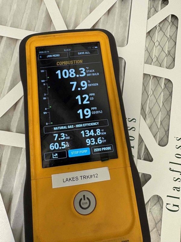 Performed Fall/Winter preventive maintenance on heating system. Conducted combustion analysis with readings showing 7.9% oxygen, 12 PPM CO, 7.3 CO2, and 93.6% efficiency for the high-efficiency natural gas unit. Noted significant corrosion and water damage on control module housing and unit floor requiring future attention.