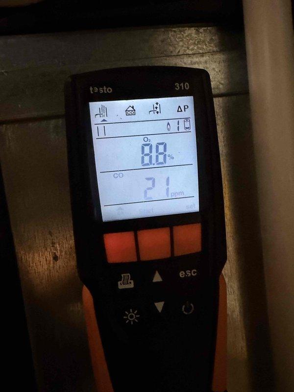 Responded to customer complaint of non-functioning blower in newly installed furnace. Diagnostic testing with Testo 310 analyzer revealed elevated CO readings (37-71 ppm) and improper combustion (O₂: 8.9%). Adjusted gas-air mixture and verified proper heat operation, resolving the no-heat condition while ensuring safe operation parameters.