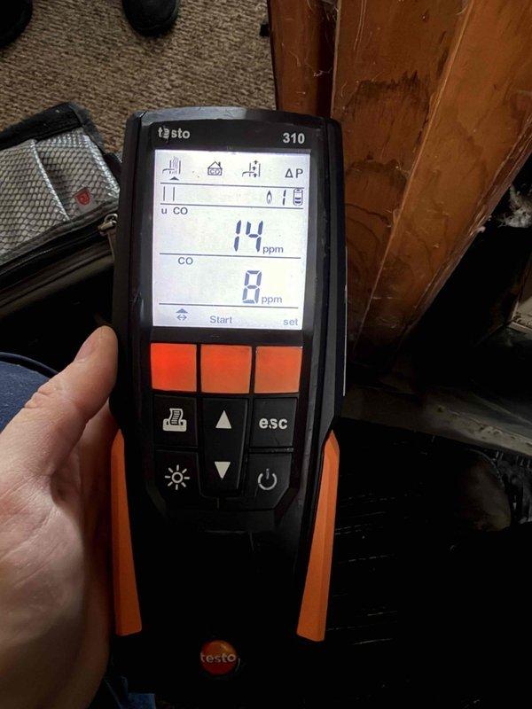 Performed scheduled furnace maintenance service. Conducted combustion analysis using Testo 310 analyzer, confirming CO levels at 14 ppm and ensuring proper gas combustion efficiency. All safety parameters were verified within acceptable ranges.