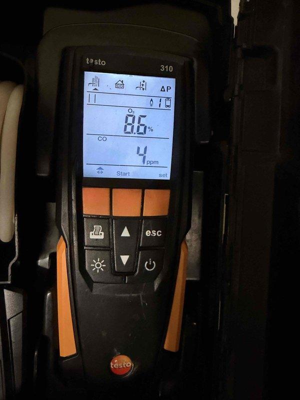 Performed scheduled furnace maintenance and conducted combustion analysis using Testo 310 analyzer. Readings showed normal CO levels at 4-7 ppm and proper combustion efficiency at 8.6%. System operating within manufacturer specifications after tune-up.