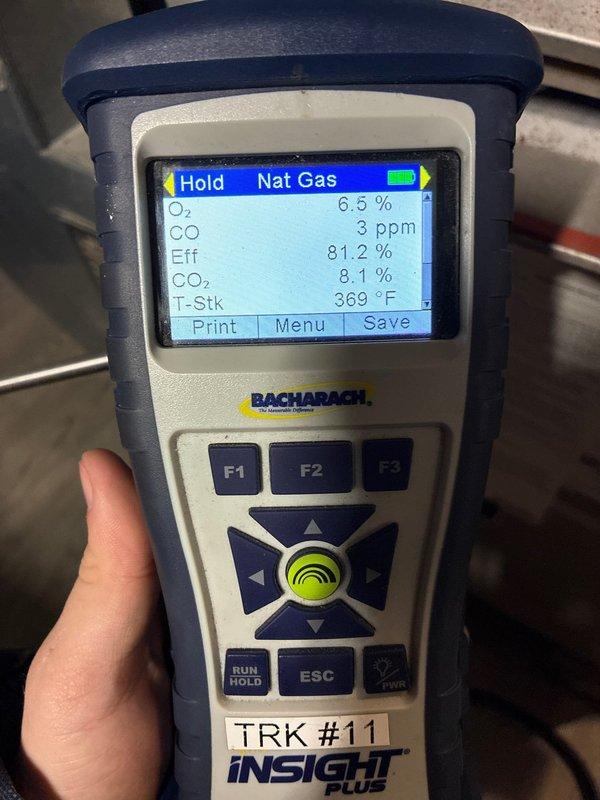 Performed fall maintenance on heating system. Conducted combustion analysis using Bacharach Insight Plus analyzer, obtaining optimal readings with natural gas combustion efficiency at 81.2-81.5%, CO levels at safe 3 ppm, and proper stack temperatures of 369-378°F, confirming system is operating within manufacturer specifications.