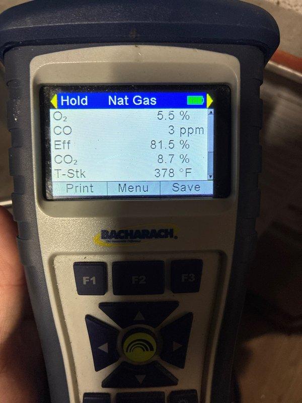 Performed fall maintenance on heating system. Conducted combustion analysis using Bacharach Insight Plus analyzer, obtaining optimal readings with natural gas combustion efficiency at 81.2-81.5%, CO levels at safe 3 ppm, and proper stack temperatures of 369-378°F, confirming system is operating within manufacturer specifications.
