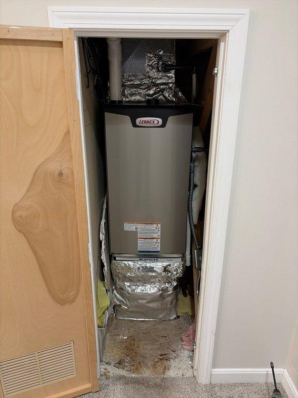 Successfully completed replacement of second floor furnace with a new Lennox unit, properly installed in the existing utility closet with all ductwork connections secured using reflective metallic foil insulation. System was tested and verified to be operating within manufacturer specifications.