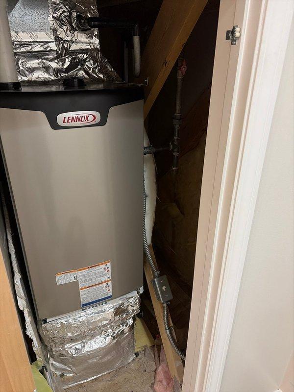 Successfully completed replacement of second floor furnace with a new Lennox unit, properly installed in the existing utility closet with all ductwork connections secured using reflective metallic foil insulation. System was tested and verified to be operating within manufacturer specifications.