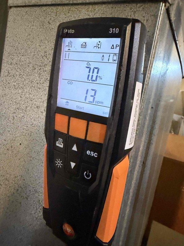 Performed scheduled residential heating maintenance service. Conducted combustion analysis using Testo 310 analyzer, measuring O2 levels at 7.0% and CO readings at 13-20 ppm, which are within acceptable safety parameters. System is operating efficiently with proper combustion values.