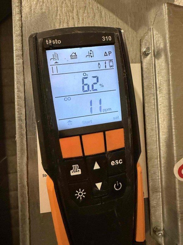 Performed routine maintenance on 5-year-old gas furnace (MVP model). Conducted combustion analysis with Testo 310 analyzer, confirming acceptable CO readings between 11-16 ppm and O2 levels at 6.2%, indicating proper combustion efficiency and safe operation.
