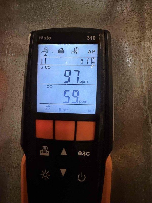 Performed diagnostic inspection on 20-year-old Carrier furnace (Model #58sta090-12116, Serial #3305a33590, manufactured August 2005) in response to customer-reported high-pitched noise during operation. Testing revealed elevated carbon monoxide levels (97 ppm CO, 0.1% oxygen) indicating combustion issues. Determined the ½ HP motor was causing intermittent high-pitched ringing noise of varying intensity.