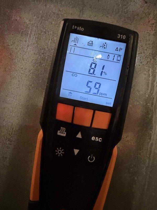 Performed diagnostic inspection on 20-year-old Carrier furnace (Model #58sta090-12116, Serial #3305a33590, manufactured August 2005) in response to customer-reported high-pitched noise during operation. Testing revealed elevated carbon monoxide levels (97 ppm CO, 0.1% oxygen) indicating combustion issues. Determined the ½ HP motor was causing intermittent high-pitched ringing noise of varying intensity.