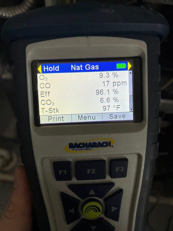 Completed scheduled residential heating maintenance service. Performed combustion analysis on natural gas heating system with Bacharach analyzer, verifying optimal performance with excellent efficiency readings between 96.1-97.4%, safe CO levels (5-17 ppm), and proper oxygen/CO₂ readings. System is operating within manufacturer specifications with good stack temperatures.
