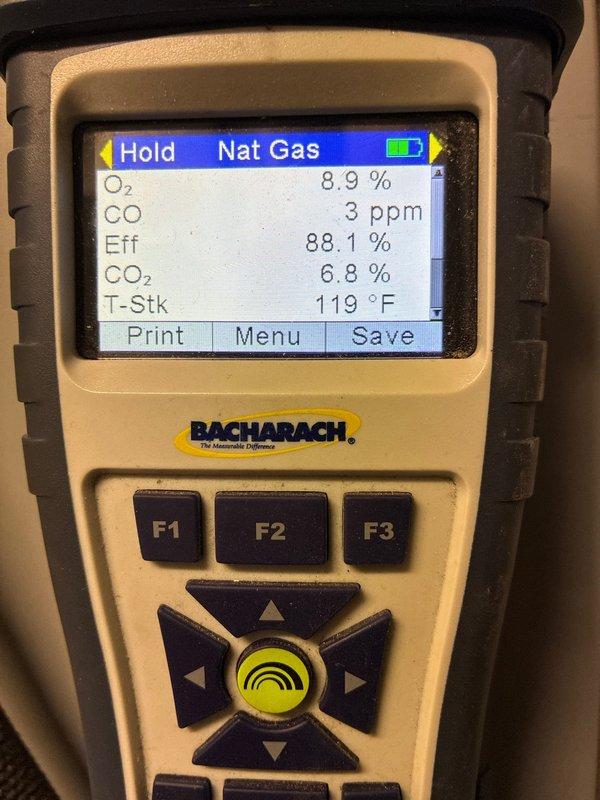 Performed routine heating maintenance on two residential systems. Conducted combustion analysis using Bacharach gas analyzer, confirming proper operation with excellent efficiency readings (88.1% and 94.5%) and safe CO levels (1-3 ppm). Systems are operating within normal parameters with optimal fuel combustion.
