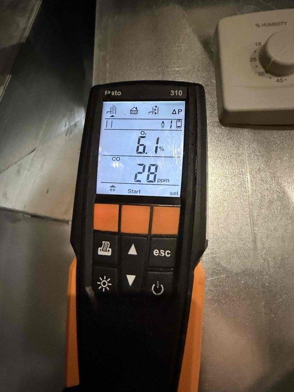 Performed routine furnace maintenance service. Conducted combustion analysis using Testo 310 analyzer, which measured carbon monoxide levels at 39-78 ppm and oxygen at 6.1%. Verified system operation and safety parameters within acceptable range.