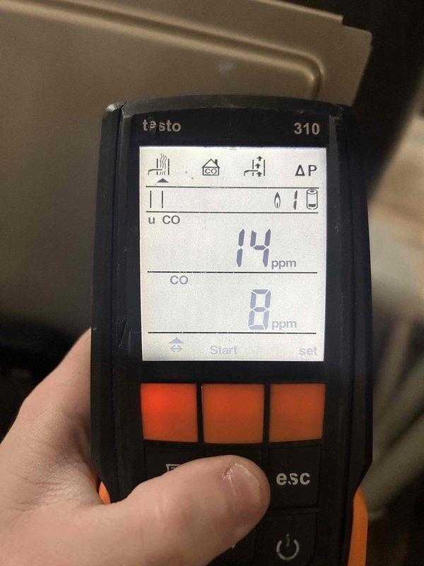 Performed Fall maintenance on heating system. Conducted combustion analysis using Testo 310 analyzer with readings showing optimal O₂ levels at 8.5% and safe CO readings at 0-14 ppm, confirming proper combustion and safe operation of the heating equipment.