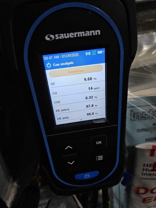 Completed furnace clean and check service, performing comprehensive inspection and combustion analysis with readings showing proper operation (CO at 14 ppm, CO2 at 6.32%). Cleaned internal components and blower assembly where dust accumulation was observed. Customer enrolled in BOGO maintenance agreement for continued system care.