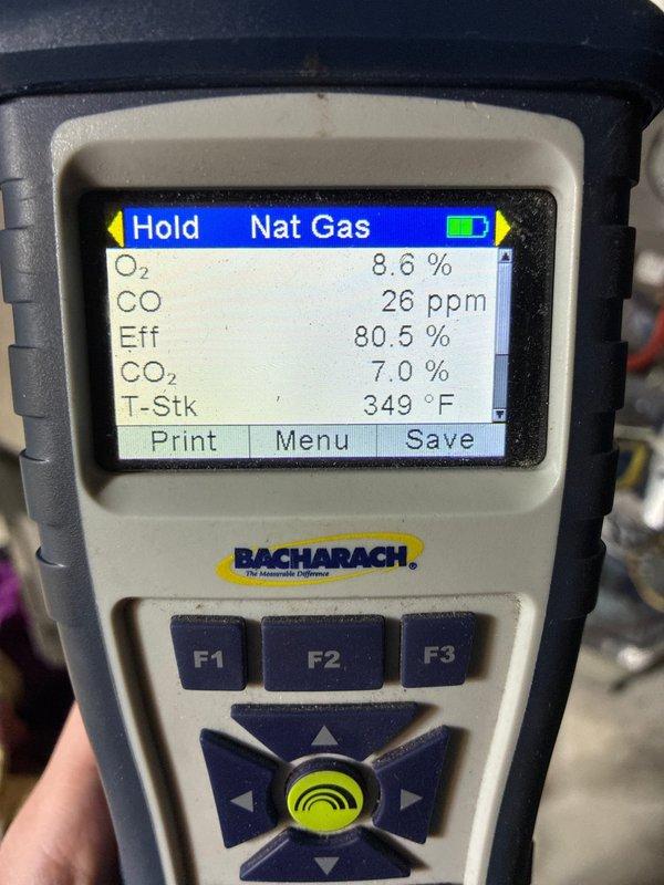 Performed thermostat battery replacement and conducted comprehensive furnace operational check. Analysis with Bacharach gas analyzer showed natural gas combustion readings with O₂ at 8.6%, CO at 26 ppm, efficiency at 80.5%, CO₂ at 7.0%, and stack temperature at 349°F, confirming system is operating within acceptable parameters.