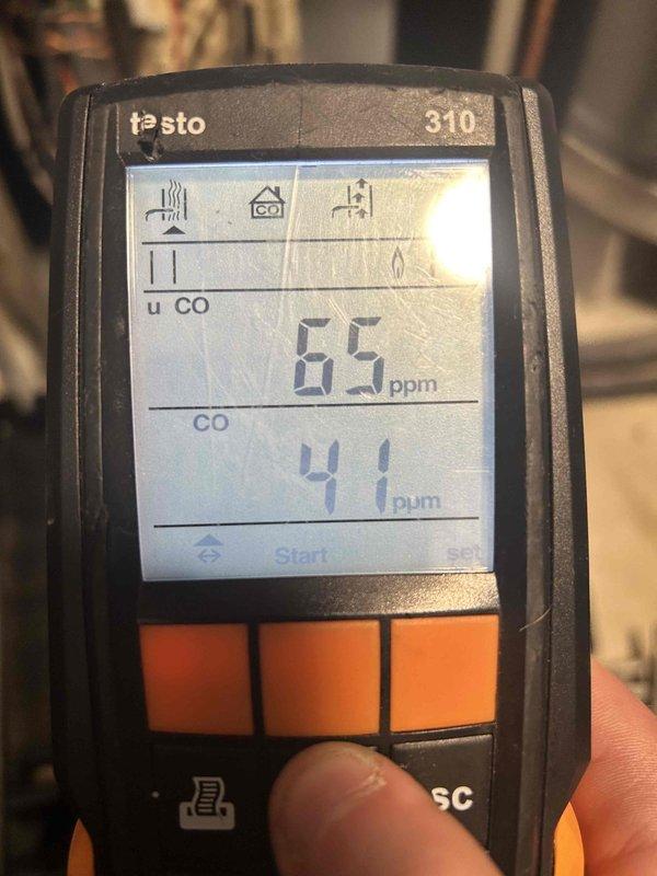 Performed scheduled heating system tune-up during evening appointment window. Conducted combustion analysis using Testo 310 analyzer, measuring oxygen content (7.6%) and carbon monoxide levels (initially 65 ppm, reduced to 41 ppm). System now operating within acceptable parameters.
