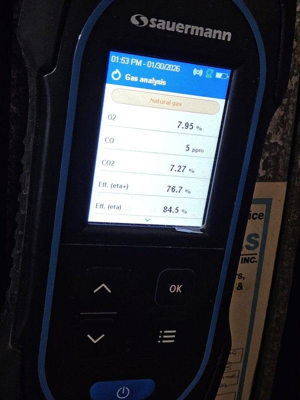 Responded to no heat call at elderly customer's residence. Performed combustion analysis on furnace using Sauermann gas analyzer, which revealed suboptimal efficiency readings between 74.5-76.7%. Adjusted gas-air mixture to restore proper heating function and improve system performance.
