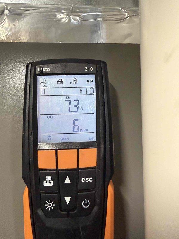 Performed scheduled furnace maintenance service. Conducted combustion analysis using Testo 310 analyzer, measuring O2 levels at 7.2-7.3% and CO at 6 ppm, confirming proper combustion efficiency and safe operation of heating system.