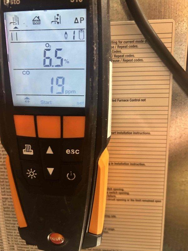 Completed scheduled heating maintenance service. Performed combustion analysis using Testo 310 analyzer, confirming proper operation with O₂ readings at 6.5% and CO levels at 10-19 ppm, which are within acceptable safety parameters. System is functioning efficiently with no issues detected.