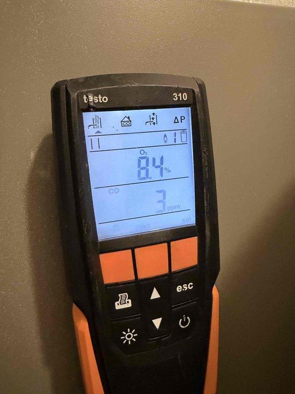 Performed tune-up on 15-year-old furnace that was cycling on/off. Conducted combustion analysis using Testo 310, which showed acceptable CO readings between 6-7 ppm and O₂ levels at 8.4%. System is now operating within normal parameters under existing service agreement.