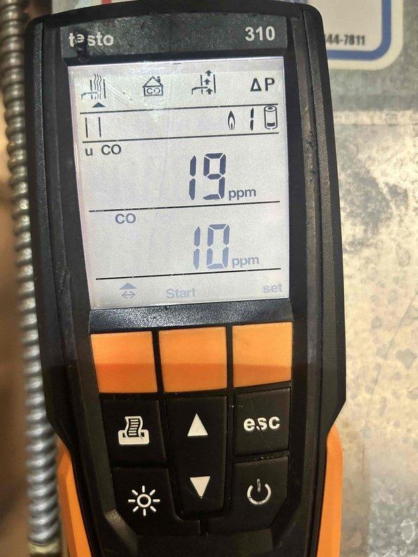 Performed routine furnace maintenance, including combustion analysis with Testo 310 analyzer. Initial readings showed O₂ at 10.1% and CO at 0 ppm, with follow-up readings indicating CO levels of 10-19 ppm. All combustion parameters within acceptable ranges, confirming safe and efficient operation of heating system.