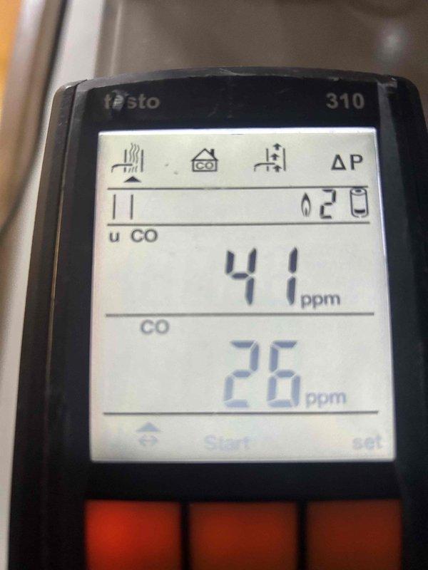 Performed standard heating maintenance service on residential system. Conducted combustion analysis using Testo 310 gas analyzer, which recorded oxygen (O₂) level at 7.5% and carbon monoxide (CO) readings between 26-41 ppm, indicating proper combustion efficiency within acceptable safety parameters.