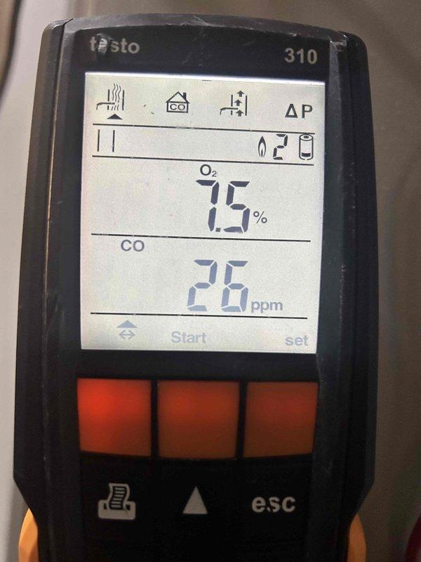 Performed standard heating maintenance service on residential system. Conducted combustion analysis using Testo 310 gas analyzer, which recorded oxygen (O₂) level at 7.5% and carbon monoxide (CO) readings between 26-41 ppm, indicating proper combustion efficiency within acceptable safety parameters.