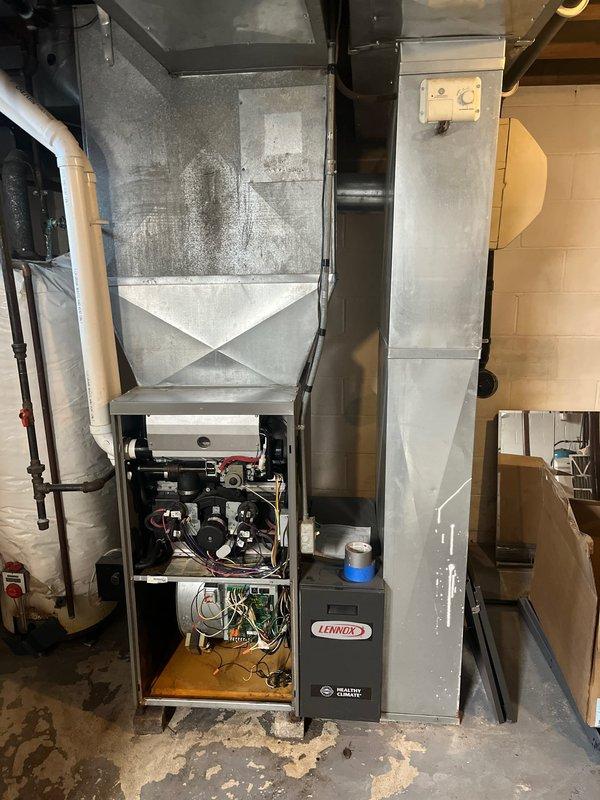 Completed retrofit installation of a residential HVAC system, replacing the existing equipment with a new Lennox furnace unit and outdoor air conditioning condenser. Multiple quotes were provided to customer before proceeding with the installation, which included proper connection of all ductwork, electrical components, and PVC venting.