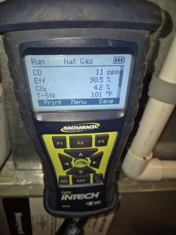 Responded to service call for furnace not heating properly. Performed combustion analysis on Goodman furnace (model G2D95BT100V20C-1) with Bacharach analyzer showing acceptable readings: 90.5% efficiency, 11ppm CO, 4.2% CO2, and 101°F stack temperature. System now operating within normal parameters.