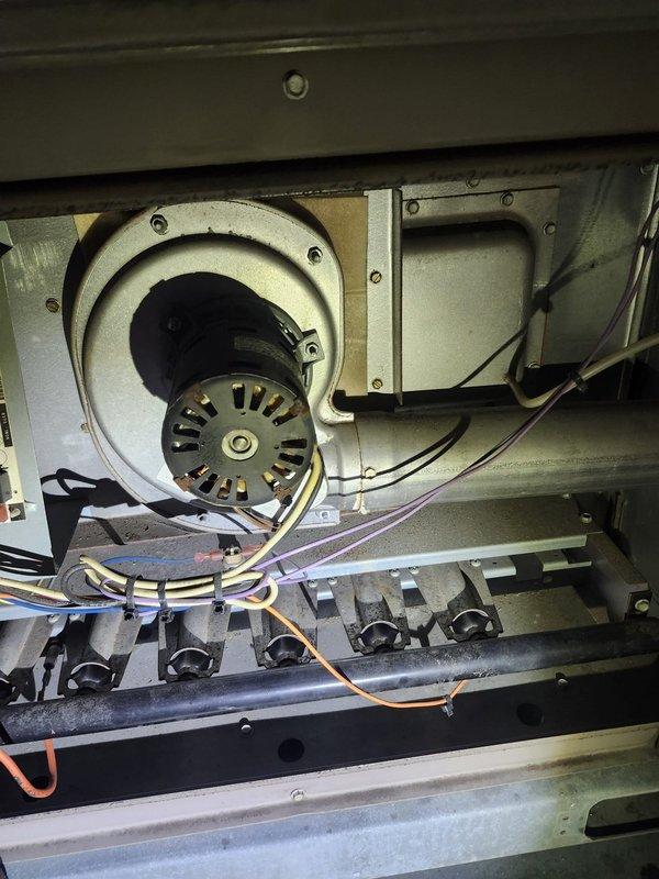 Responded to service call for RTU serving back half of building that was blowing cold air. Inspected system and found faulty pressure switch preventing ignition sequence. Also noted blower motor and assembly had significant dust buildup affecting airflow. Replaced pressure switch, cleaned blower wheel and motor components, restoring proper heating function.