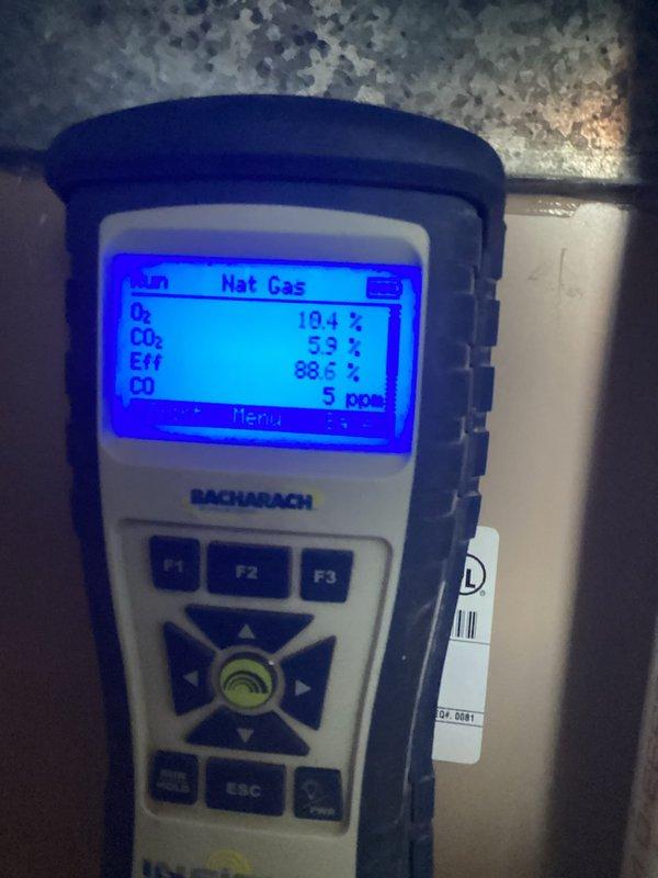 Performed scheduled furnace maintenance service. Conducted combustion analysis using Bacharach gas analyzer, confirming proper operation with readings showing 88.6% efficiency, CO at 5-9 ppm, and CO₂ at 5.3%. System is operating within safe parameters with good air/fuel mixture (143.0% excess air).