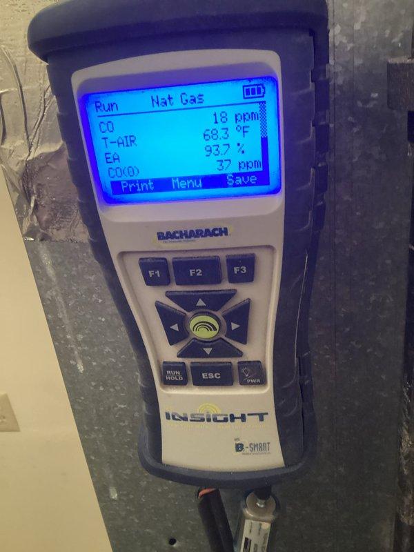 Performed routine maintenance on a 4-year-old furnace. Conducted combustion analysis using Bacharach INSIGHT gas analyzer, which revealed stack temperature of 357°F, O₂ at 10.8%, CO₂ at 5.7%, and system efficiency of 79.0%. CO readings were at acceptable levels (18 ppm). Unit is functioning within normal parameters.