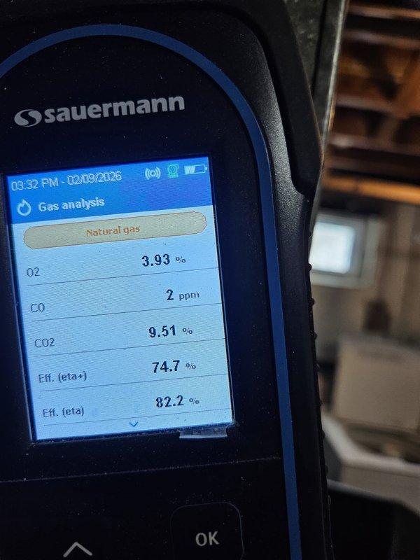 Responded to customer concern regarding squealing noise from aging furnace. Performed comprehensive diagnostic testing using Sauermann gas analyzer which confirmed system functioning within acceptable parameters (O2: ~3.9%, CO: 0-2ppm, CO2: ~9.5%). Combustion efficiency measured at approximately 82%, indicating proper operation despite unit's age.