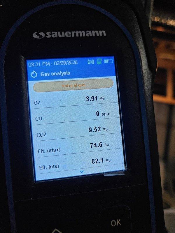 Responded to customer concern regarding squealing noise from aging furnace. Performed comprehensive diagnostic testing using Sauermann gas analyzer which confirmed system functioning within acceptable parameters (O2: ~3.9%, CO: 0-2ppm, CO2: ~9.5%). Combustion efficiency measured at approximately 82%, indicating proper operation despite unit's age.