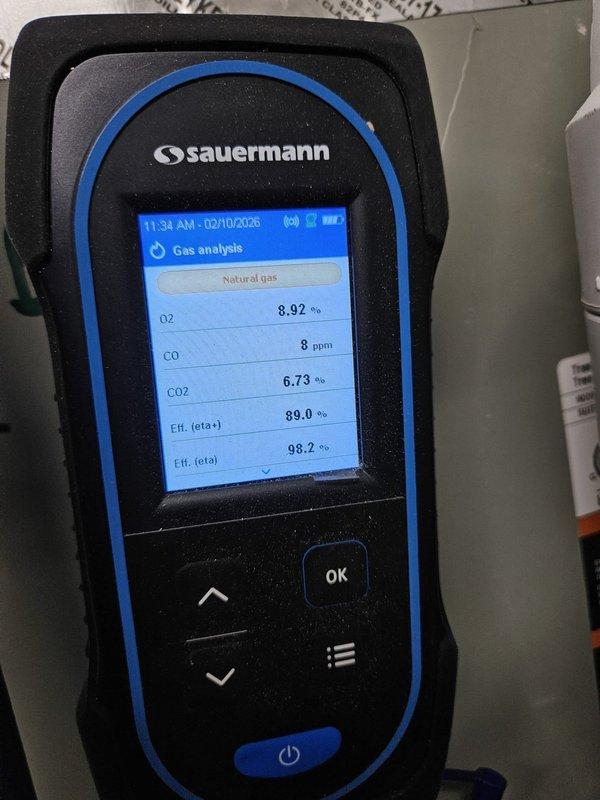 Responded to service call for non-operational garage furnace (approx. 1 year old). Performed combustion analysis using Sauermann gas analyzer, which confirmed proper operation with acceptable CO levels (6-8 ppm), good oxygen readings (8.92-9.66%), and excellent efficiency ratings (88.1-89.0% eta+, 97.2-98.2% eta). System now functioning within manufacturer specifications.