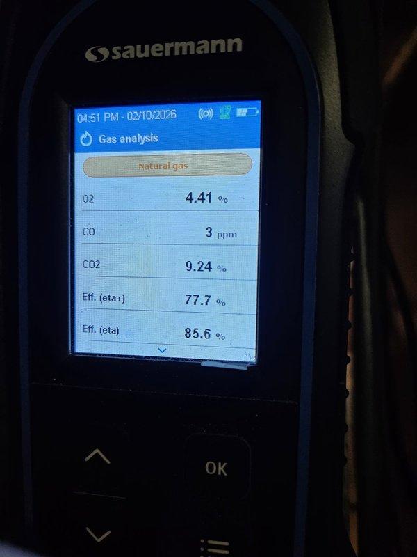 Responded to service call for non-functioning thermostat in condo unit. Performed combustion analysis on furnace using Sauermann gas analyzer, with initial readings showing O₂ at 4.41%, CO at 3 ppm, CO₂ at 9.24% with efficiency at 77.7%. After adjustments, final readings improved to O₂ at 2.65%, CO at 21 ppm, CO₂ at 10.21%, with efficiency increased to 80.2%, confirming proper system operation.