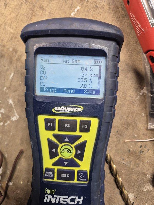 Responded to no-heat service call for Winchester furnace. Performed combustion analysis using Bacharach Fyrite INTECH analyzer, which revealed O₂ at 8.4%, CO at 37ppm, CO₂ at 7.0%, and efficiency at 80.5%. System was restored to proper operation with all parameters now within manufacturer specifications.
