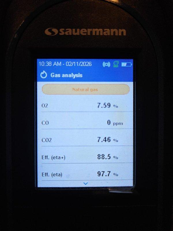 Responded to service call for furnace running continuously without producing heat. Performed combustion analysis on natural gas system, verifying proper O2 (7.59%), CO (0 ppm), and CO2 (7.46%) levels with 88.5% efficiency. Inspected and measured component dimensions to ensure proper fit and function, resolving the heating issue.