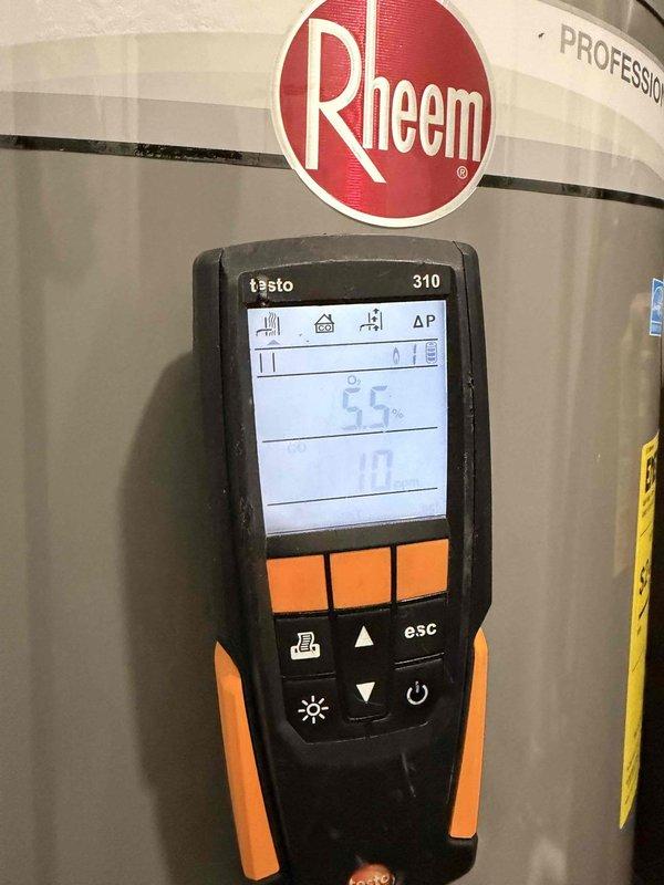 Diagnosed furnace with short-cycling issue where unit would ignite but shut down after approximately 15 seconds. Performed combustion analysis with Testo 310 analyzer on Rheem unit, measuring CO levels at 14 ppm and 10 ppm, and combustion efficiency at 55%. Testing confirmed proper operation after service.